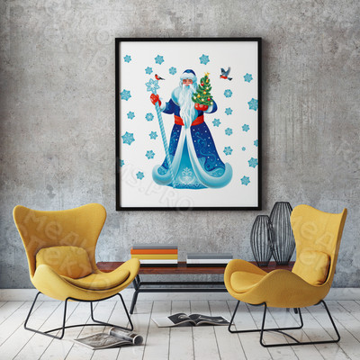 Постер 70х70см «Дед Мороз с посохом, елкой и снегирями» — фото