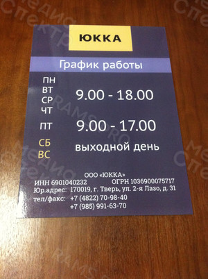 Табличка-режимник из ПВХ 30х42см «ЮККА» — фото 4